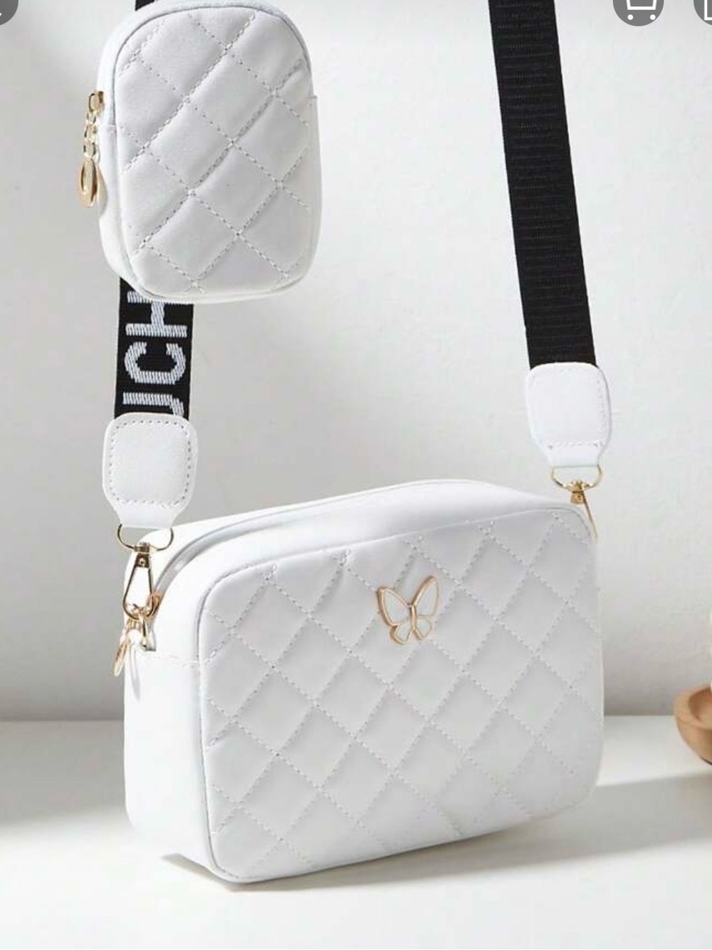 Quilted White Crossbody Bag with Butterfly Accent
